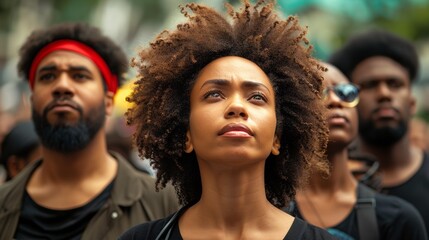A group of people standing in a crowd with one woman looking up, AI