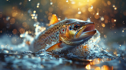Stunning trout leaps in a sparkling water splash