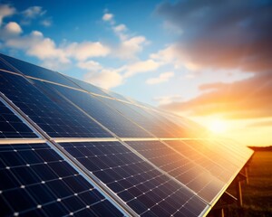 A closeup of a solar panel with the sun shining brightly above, representing renewable energy solutions and sustainable practices