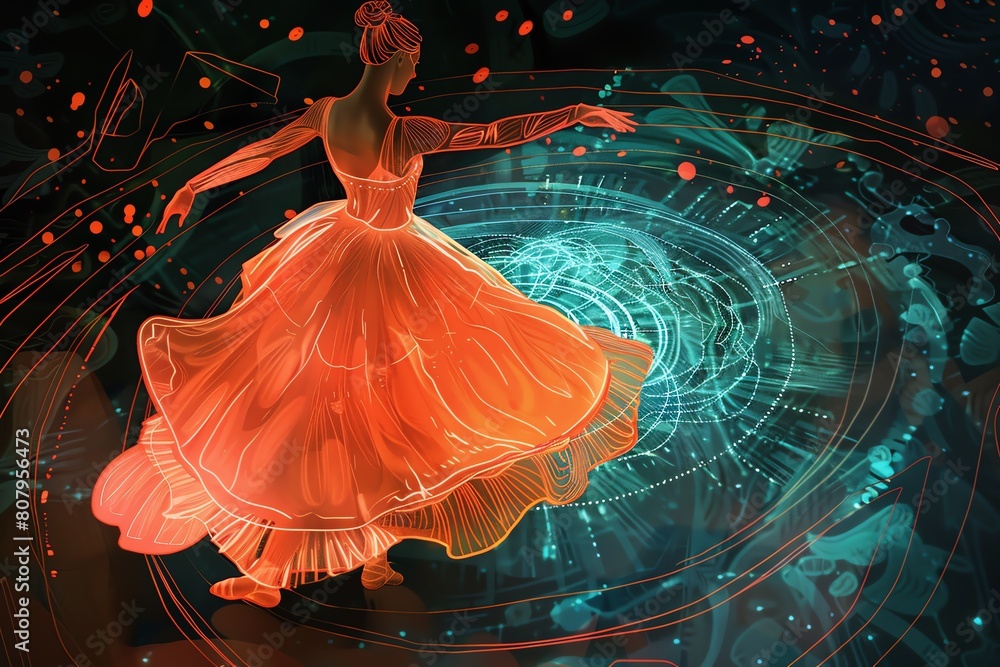 Poster blend futuristic technologies like interactive led floors with classical ballet movements from an un