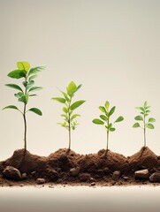 A sequence of trees planted in soil, starting from a small sapling to a fully grown tree, symbolizing the growth and impact of longterm environmental efforts