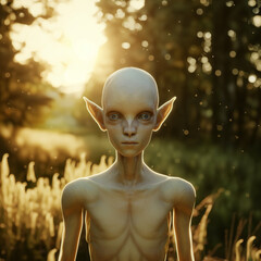 Topless beautiful female alien standing outside in nature during a hot sunny summer day. She's wearing only pants	
