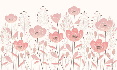 Wildflowers and herbs in pink shades. Colorful illustration of meadow flowers and plants for printing children's photo wallpapers, interior art painting, posters, backgrounds. Floral horizontal seamle