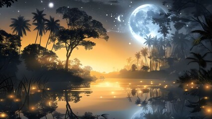 Vibrant tropical forest under moonlight reflected in river psychedelic nature scene. Concept Tropical forest, Moonlight, River reflection, Psychedelic nature, Vibrant colors