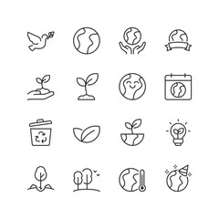 Earth Day and Environmental Protection, linear style icon set. Preserving and safeguarding. Eco-friendly initiatives, sustainability awareness, climate change. Editable stroke width.