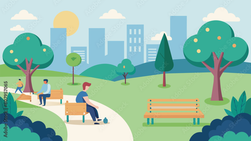 Poster a city park with designated walking paths and benches for those who struggle with mobility and need 