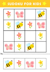 Sudoku logical reasoning activity for kids. Fun sudoku puzzle with cute bee illustration. Children educational activity worksheet.
