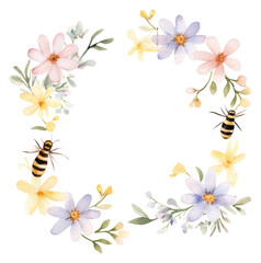 PNG Bees border watercolor flower insect wreath.