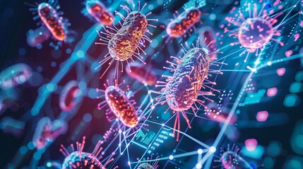 An abstract concept image of glowing bacteria cultures overlaid with futuristic digital graphs, illustrating the integration of biotechnology and information systems., --no grunge ,splash dust