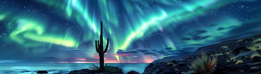 A serene landscape featuring a cactus under a magical display of Northern Lights
