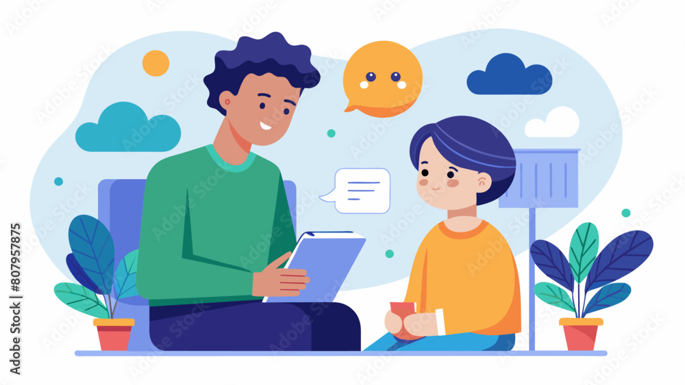 Poster a meeting between a mentor and parent of a neurodivergent youth discussing progress and setting goal