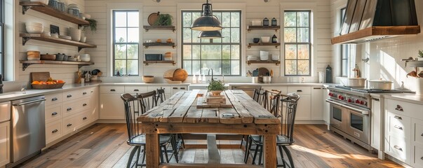 Farmhouse chic kitchen with a reclaimed wood table, antique chairs, and warm, inviting lighting