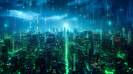 Aerial view of a neon city bathed in blue and green hues, featuring digital rain and vibrant light flares, from a high angle - Generative AI