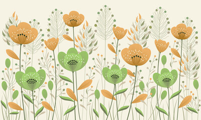Wildflowers and herbs. Colorful illustration of meadow flowers and plants for printing children's photo wallpapers, interior art painting, posters, backgrounds. Floral horizontal seamless pattern