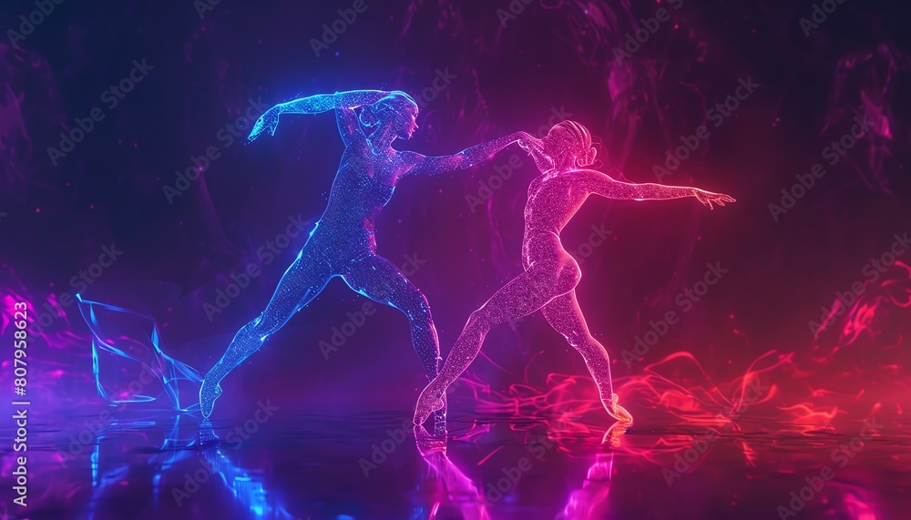Poster capture a dynamic ballet duo in cg 3d, showcasing their graceful movements in a virtual reality sett