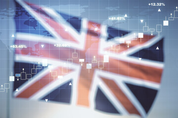 Abstract creative financial graph interface and world map on flag of Great Britain and sunset sky...