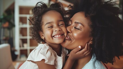Close up of beautiful daughter kissing mother on cheek at home. African little girl giving kiss to happy mother. Lovely black female child kissing cheerful and proud woman on cheek for mother's day