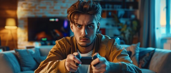 Fototapeta premium Gamer Sick and Angry After Losing a Round of Online Video Game Play on Powerful Computer. Cozy Living Room. Stylish Male Playing Shooter Arcade Online Multiplayer Battle.