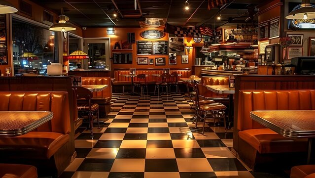 Retro pizza parlor with checkerboard floors classic recipes and throwback music. Concept Retro Decor, Checkerboard Floors, Classic Recipes, Throwback Music, Pizza Parlor