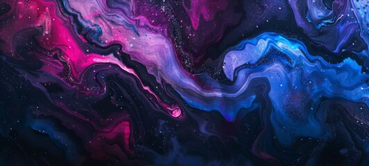 Black background with a gradient of purple and blue lights. The artwork is in the style of an abstract piece with blended colors reminiscent of a night sky.