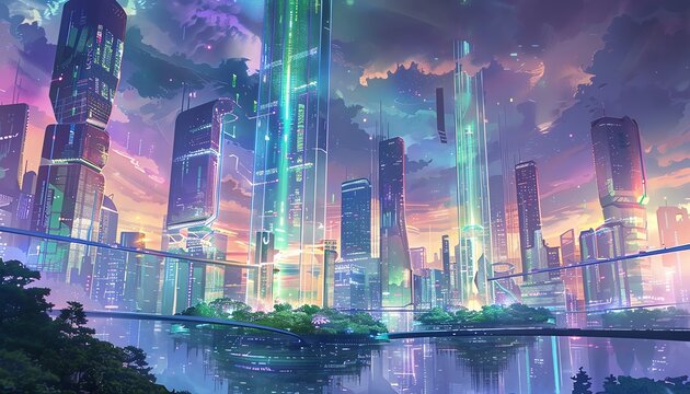 Capture a futuristic cityscape engulfed in soft