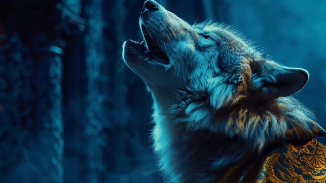 A closeup half body of a charismatic alpha wolf in a royal cape