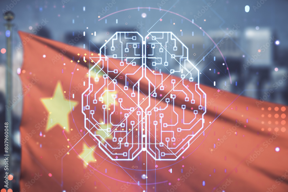 Aufkleber virtual creative artificial intelligence hologram with human brain sketch on flag of china and blurr