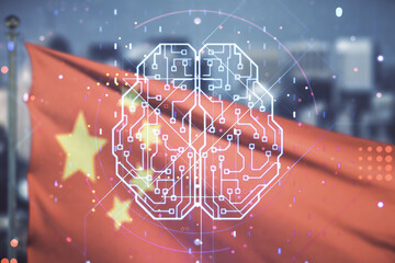 Virtual creative artificial Intelligence hologram with human brain sketch on flag of China and...