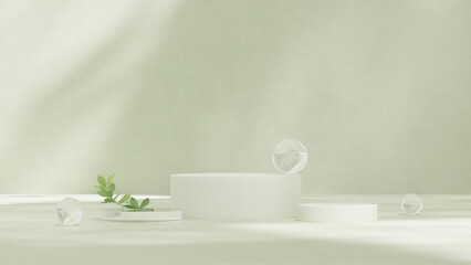 3D render of abstract pedestal podium display with leaves product for advertising in landscape