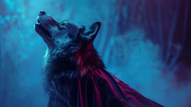 A closeup half body of a charismatic alpha wolf in a royal cape