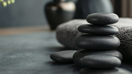 Gray zen pebble hot stones with towel on massage table. Treatment concept with hot stones. Harmony, balance and meditation concept set, spa, relaxation.