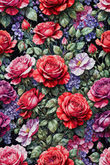 Naklejka premium A painting of a floral pattern with roses, violets, and small flowers - Generative AI