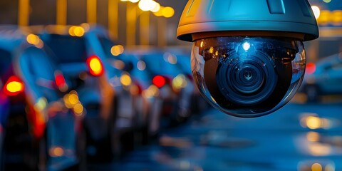 Parking lot security camera deters vandalism and enhances vehicle safety with surveillance. Concept Security, Parking, Surveillance, Vandalism, Safety - obrazy, fototapety, plakaty