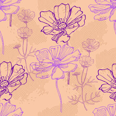 Seamless pattern of flowers with background. Beautiful Cosmea flowers background. Vector illustration of textured abstract art textile flower design.