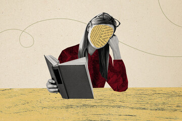 Creative picture collage faceless girl read book literature page head cutout bored upset prepare study exam university drawing background