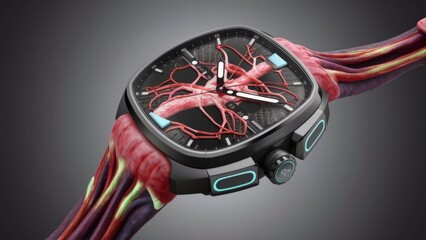 Creative concept of a human biological wristwatch, with intertwined veins, arteries, and capillaries forming the watch face and hands.