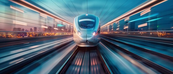 A highspeed futuristic train travels through a digital landscape, showcasing the evolution of rail transport, Sharpen banner template with copy space on center