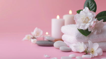 Spa treatment background. Towels, candles, chamomile, massage stones. Spa Massage, oriental therapy, wellbeing and meditation concept.