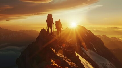 Cinematic shot of two hikers with backpacks reaching the summit, standing on top of mountain peak...