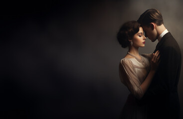 Classic noir elegant couple in love with copy space. Young historical couple embracing in love. Retro vintage historical concept. In the bokeh moody woods background. Elegantly dressed. 