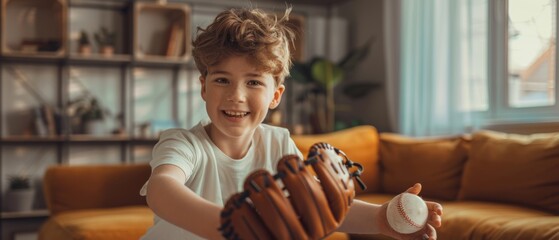 In this nostalgic retro childhood concept, a young sports fan plays with baseball ball and glove in living room with vintage interior. The happy boy is having a blast while he is enjoying his leisure