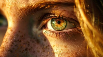 A close up of a woman's eye with freckles and green eyes, AI