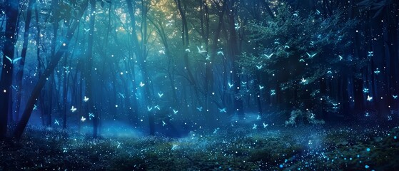 A mystical forest glows with bioluminescent plants under a starlit sky, Sharpen banner template with copy space on center