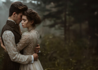 Fototapeta premium Elegant Victorian couple embracing in the woods. Young historical couple embracing in love. Retro vintage historical concept. In the bokeh moody woods background. Elegantly dressed. 