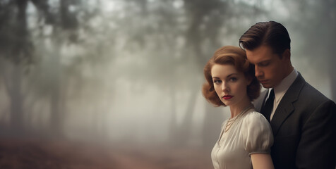 1950s couple in love. Man embracing his woman from behind. Young historical couple embracing in love. Retro vintage historical concept. In the bokeh moody woods background. Elegantly dressed. 