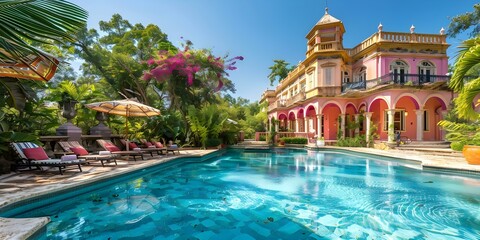 Luxurious pink palace with pool in stunning surroundings fit for royalty. Concept Luxurious Estates, Pink Palace, Poolside Paradise, Majestic Landscapes, Regal Retreats