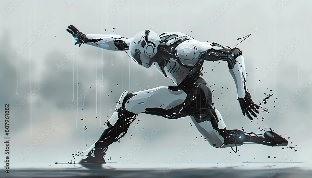 Poster capture a sleek, futuristic robotic dancer in motion, showcasing intricate metallic details up close