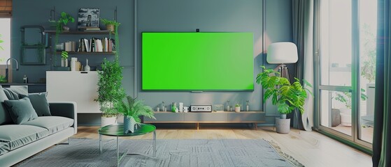 Modern living room with green screen display and a smart television set. Horizontal mock-up. Mockup of a home theatre concept.