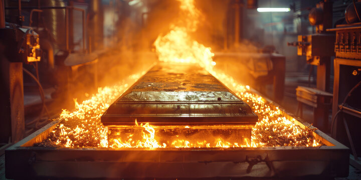 The coffin goes into the crematorium combustion chamber, burning fire in a cremation oven.