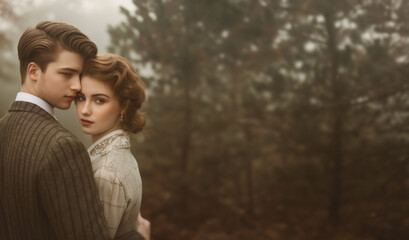 Fototapeta premium Young lovers in the woods embracing. Young historical couple embracing in love. Retro vintage historical concept. In the bokeh moody woods background. Elegantly dressed. 